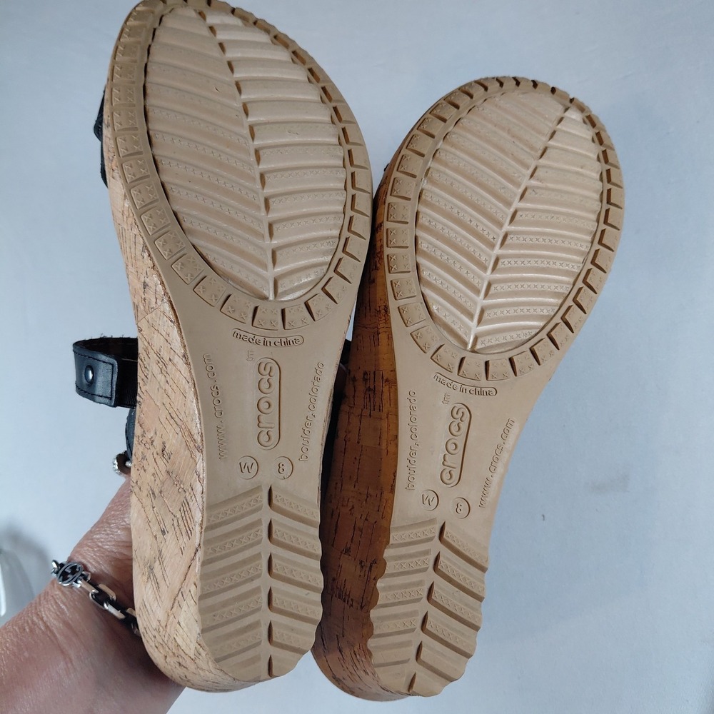 Crocs Wedge Sandals 11847 Size 8 A-Leigh Cork Black Leather Boho Slide - Picture 8 of 9